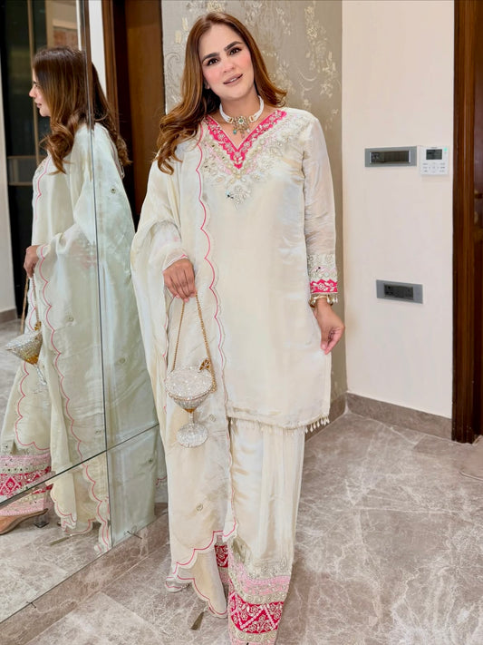 Designer Pure Organza Shimmer Celebrity Inspired Mirror Work Kurta With Farshi Salwar
