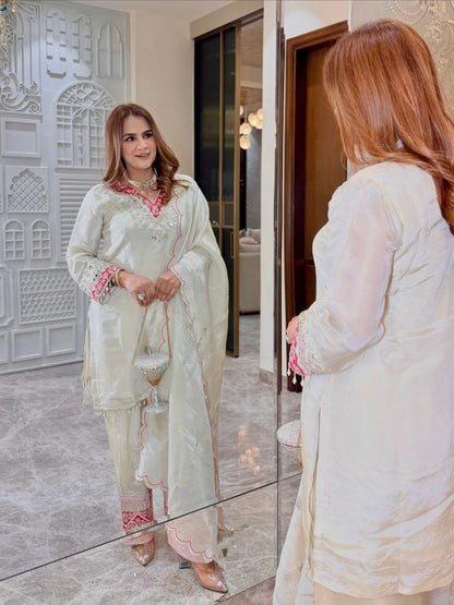 Designer Pure Organza Shimmer Celebrity Inspired Mirror Work Kurta With Farshi Salwar