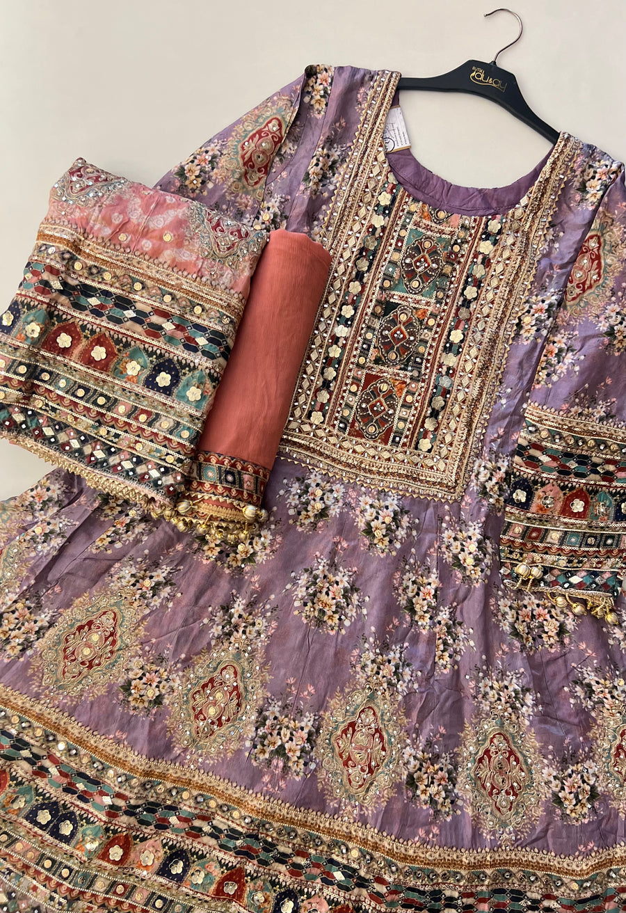 Partywear Lilac printed crepe anarkali kuta & flared plazo with embellishments