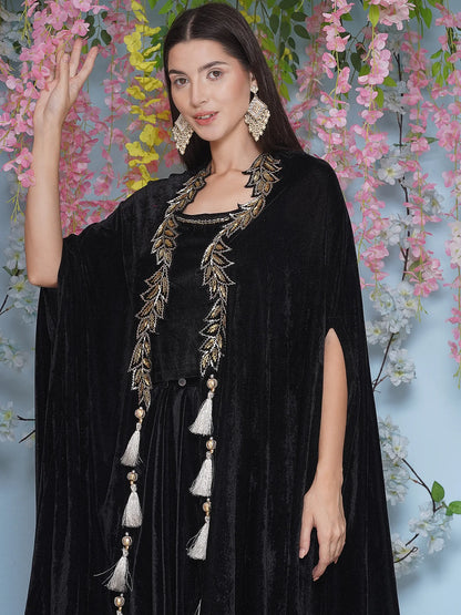 Partywear Indowestern Black Velvet Hand Embellished Shrug with inner and dhoti Skirt