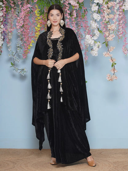 Partywear Indowestern Black Velvet Hand Embellished Shrug with inner and dhoti Skirt