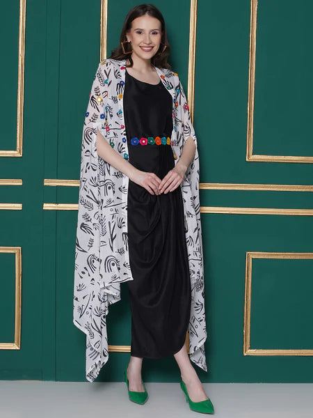 Black Dress with embroidered belt and printed georgette cape