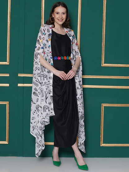 Black Dress with embroidered belt and printed georgette cape