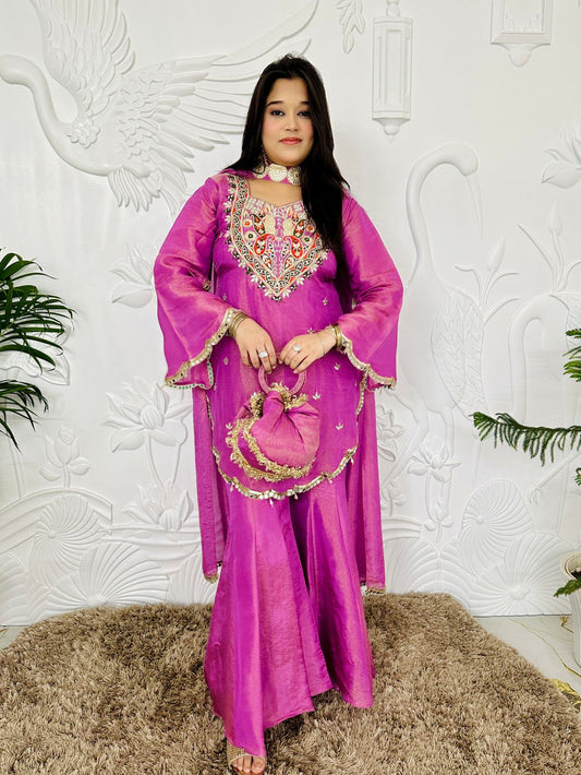 Designer Partywear Shimmer Organza Sharara Suit With Mirror Work and Zari Embroidery