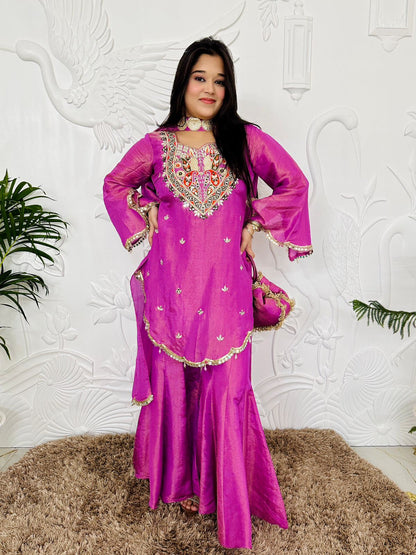 Designer Partywear Shimmer Organza Sharara Suit With Mirror Work and Zari Embroidery