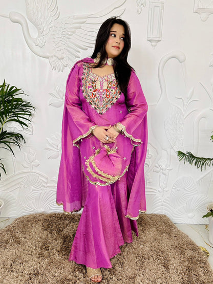 Designer Partywear Shimmer Organza Sharara Suit With Mirror Work and Zari Embroidery