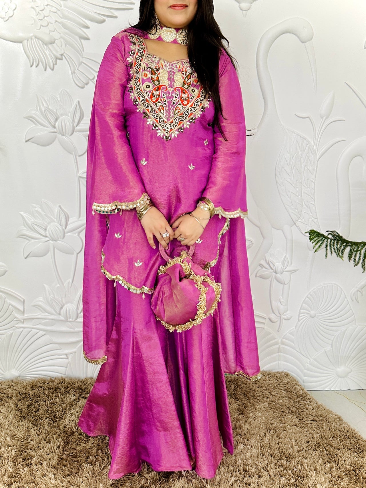 Designer Partywear Shimmer Organza Sharara Suit With Mirror Work and Zari Embroidery