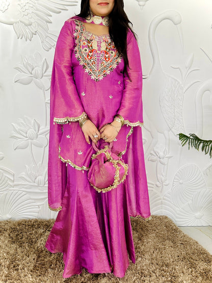 Designer Partywear Shimmer Organza Sharara Suit With Mirror Work and Zari Embroidery