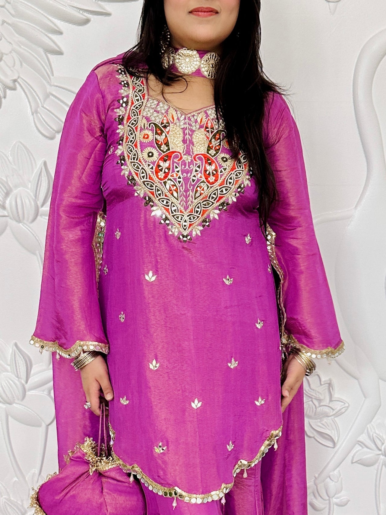 Designer Partywear Shimmer Organza Sharara Suit With Mirror Work and Zari Embroidery