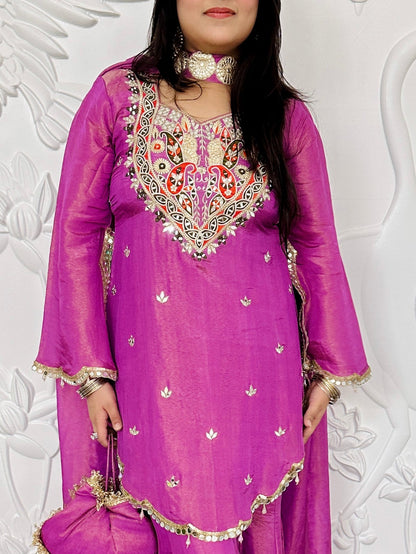 Designer Partywear Shimmer Organza Sharara Suit With Mirror Work and Zari Embroidery