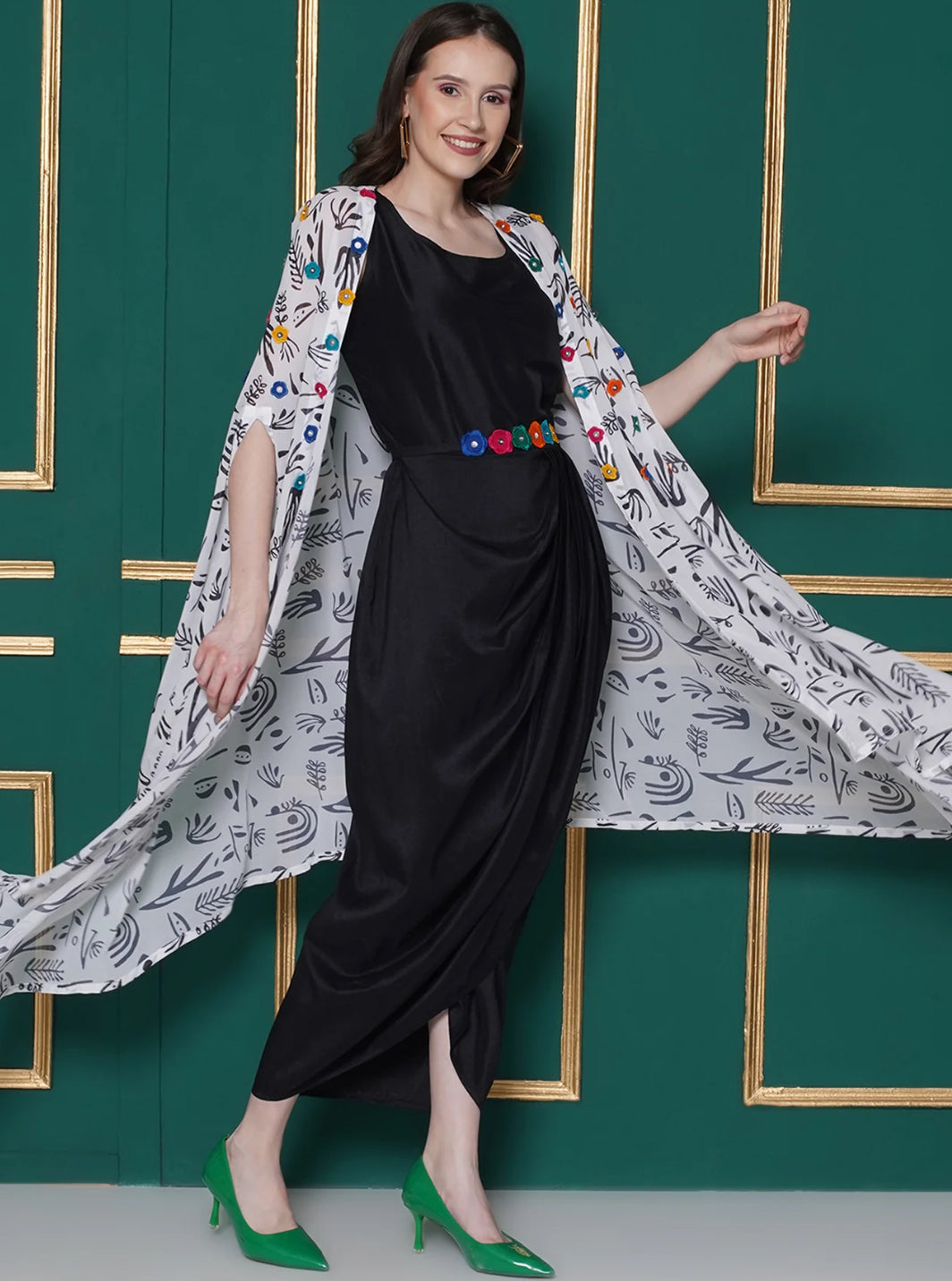 Black Dress with embroidered belt and printed georgette cape