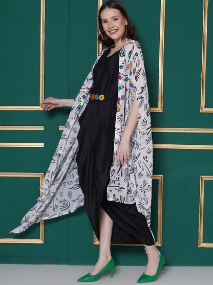 Black Dress with embroidered belt and printed georgette cape