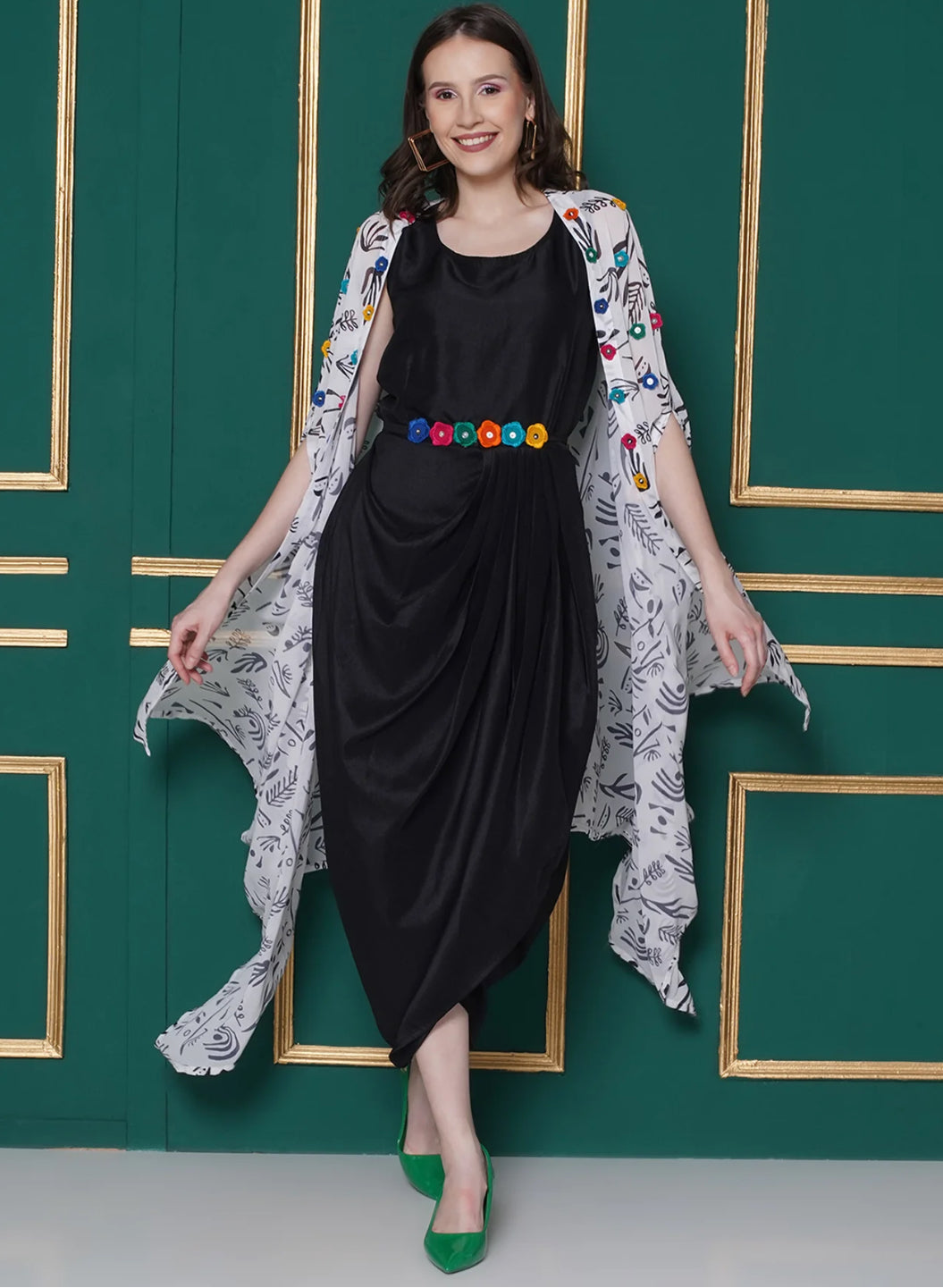 Black Dress with embroidered belt and printed georgette cape