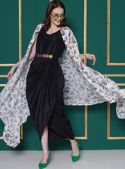 Black Dress with embroidered belt and printed georgette cape