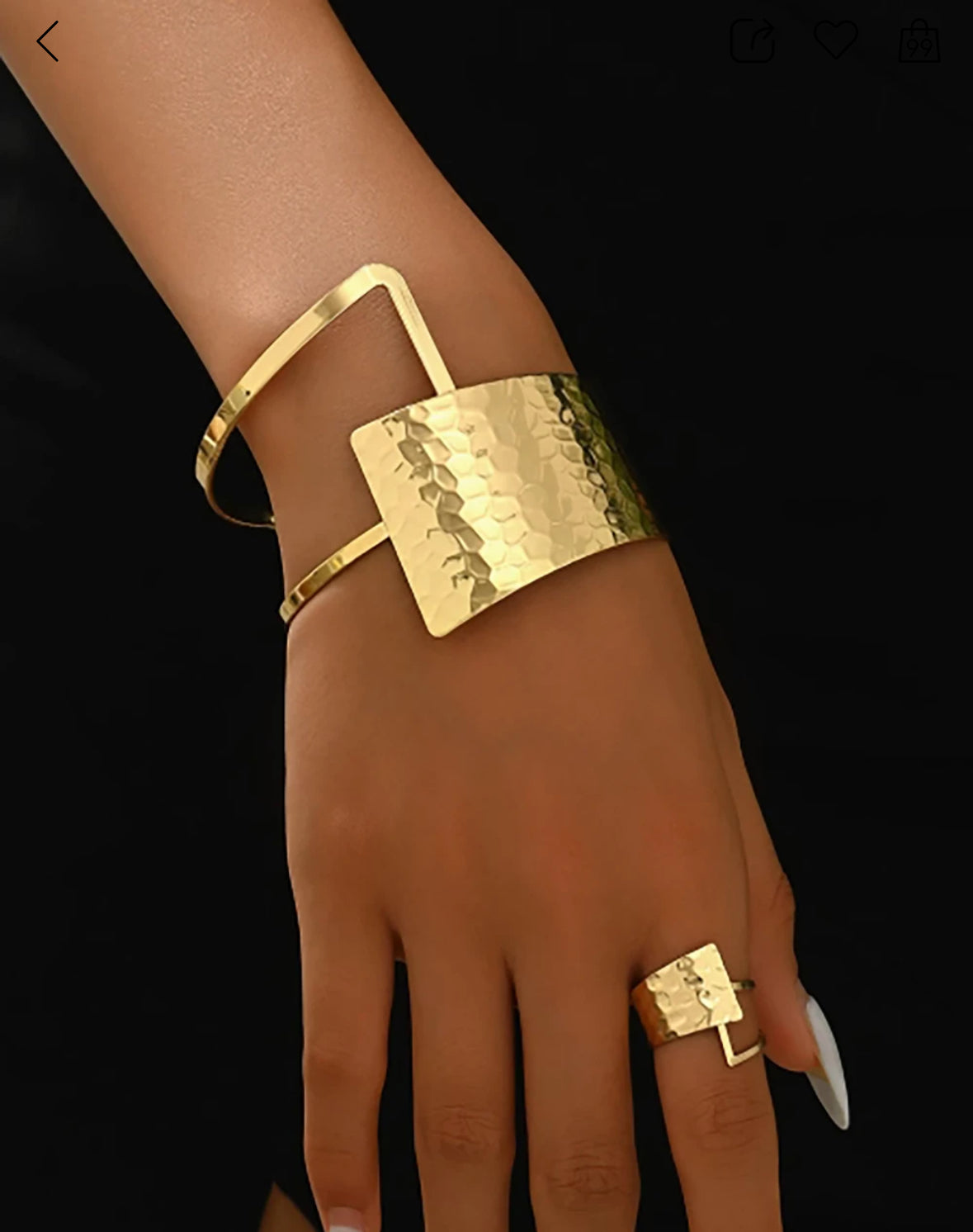 Anti-Tarnish 18K Gold Plated Geometric Hammered Hand Cuff Bracelet With Ring