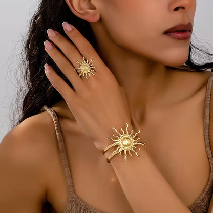 Anti-Tarnish 18K Gold Plated Sun Burst Hand Cuff Bracelet With Ring
