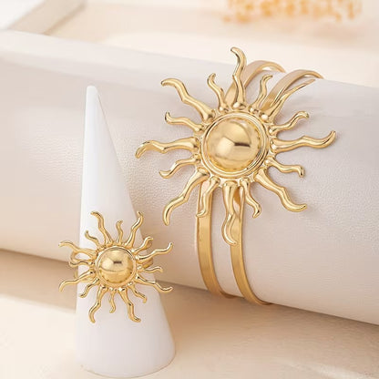 Anti-Tarnish 18K Gold Plated Sun Burst Hand Cuff Bracelet With Ring