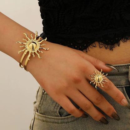 Anti-Tarnish 18K Gold Plated Sun Burst Hand Cuff Bracelet With Ring