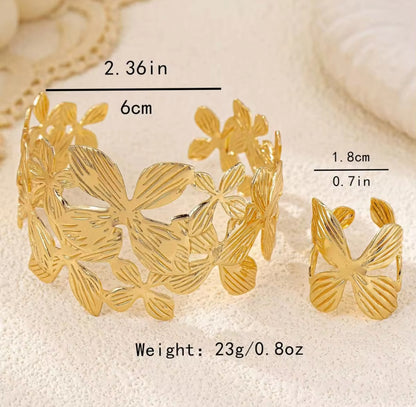 Anti-Tarnish 18K Gold Plated Flower Hand Cuff Bracelet With Ring