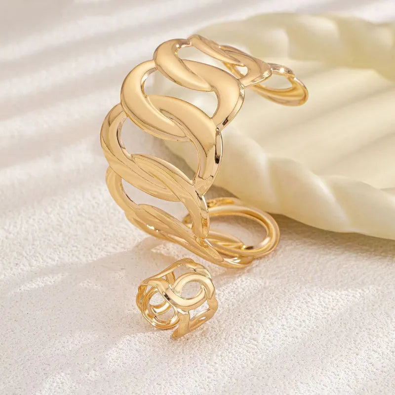 Anti-Tarnish 18K Gold Plated Layered Geometric Hand Cuff Bracelet With Ring