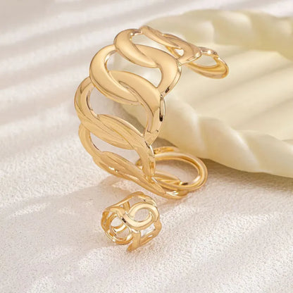 Anti-Tarnish 18K Gold Plated Layered Geometric Hand Cuff Bracelet With Ring