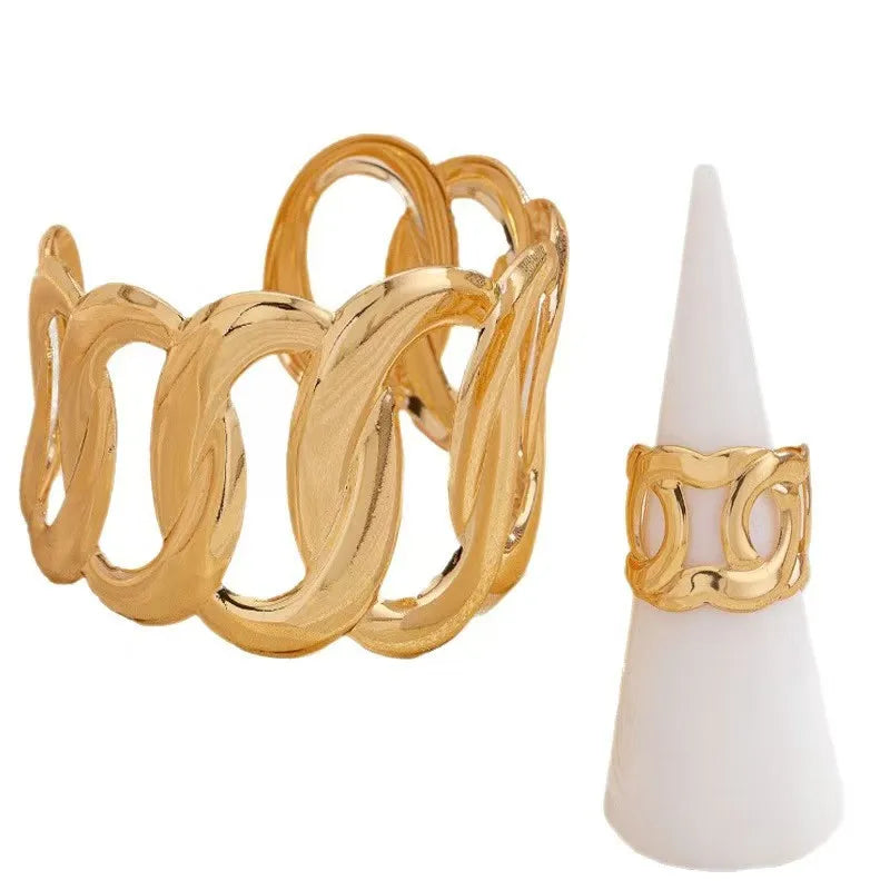 Anti-Tarnish 18K Gold Plated Layered Geometric Hand Cuff Bracelet With Ring