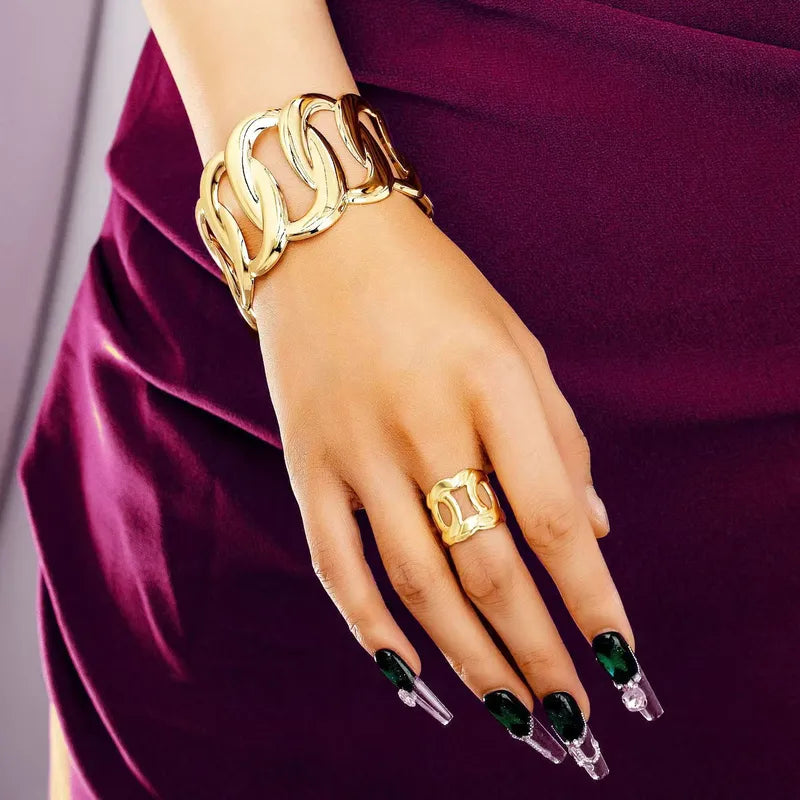 Anti-Tarnish 18K Gold Plated Layered Geometric Hand Cuff Bracelet With Ring