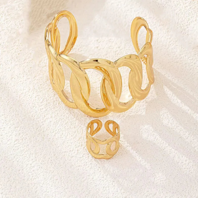 Anti-Tarnish 18K Gold Plated Layered Geometric Hand Cuff Bracelet With Ring