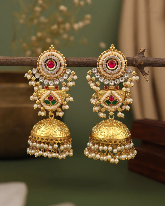 Partywear Designer Gold Polish Brass Viral Kashmiri Earrings/Jhumka