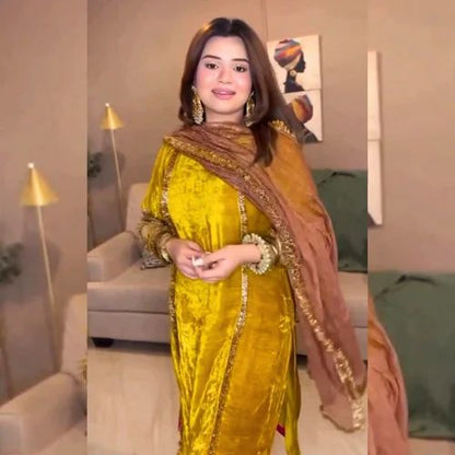 Designer Partywear Premium Velvet Kurta and Pant Set with Crush Tissue