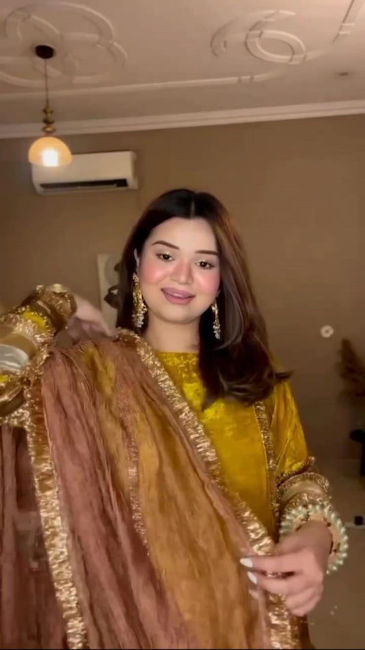 Designer Partywear Premium Velvet Kurta and Pant Set with Crush Tissue