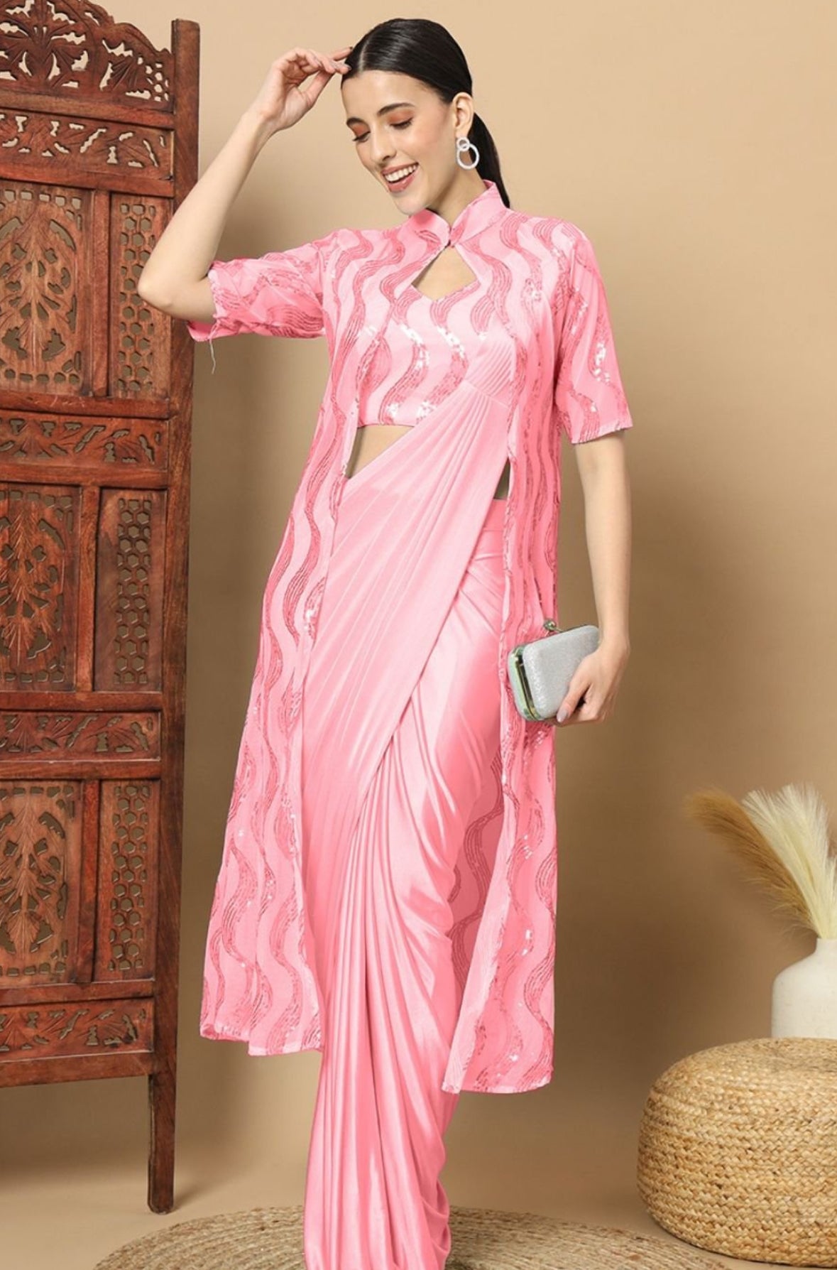 Pink Ready To Wear Saree With Jacket