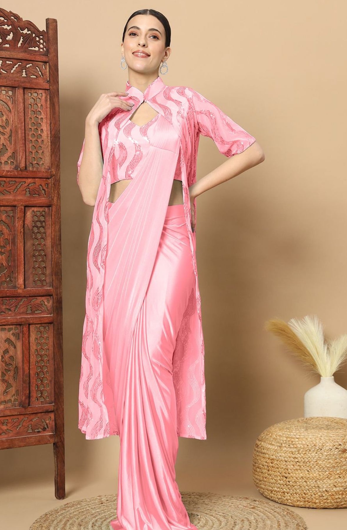 Pink Ready To Wear Saree With Jacket