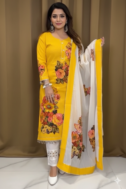 Yellow Floral Patchwork Pure Cotton Suit