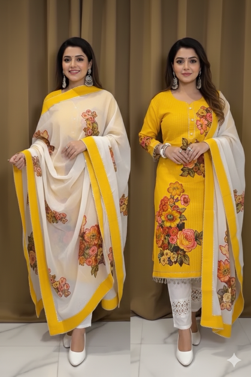 Yellow Floral Patchwork Pure Cotton Suit