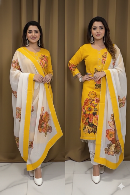 Yellow Floral Patchwork Pure Cotton Suit