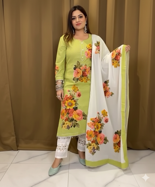 Pista Green Floral Patchwork Pure Cotton Suit