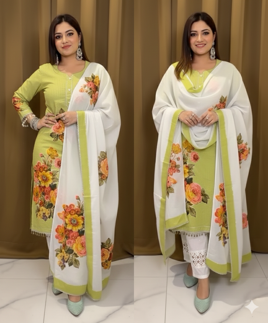 Pista Green Floral Patchwork Pure Cotton Suit