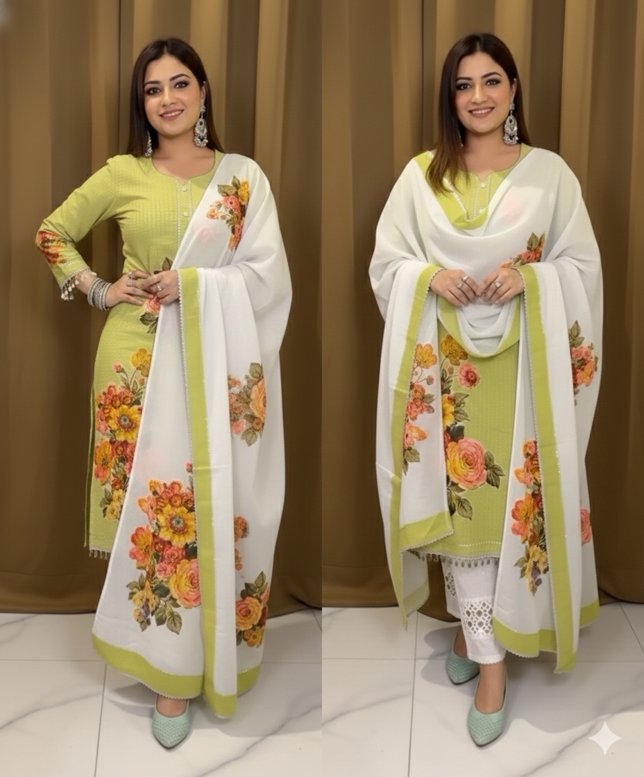 Pista Green Floral Patchwork Pure Cotton Suit