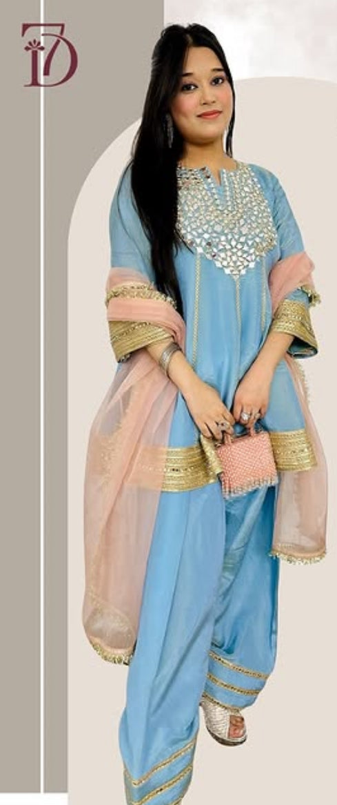 Designer Partywear Shimmer Organza Powder Blue Anarkali With Farshi Salwar
