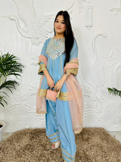 Designer Partywear Shimmer Organza Powder Blue Anarkali With Farshi Salwar