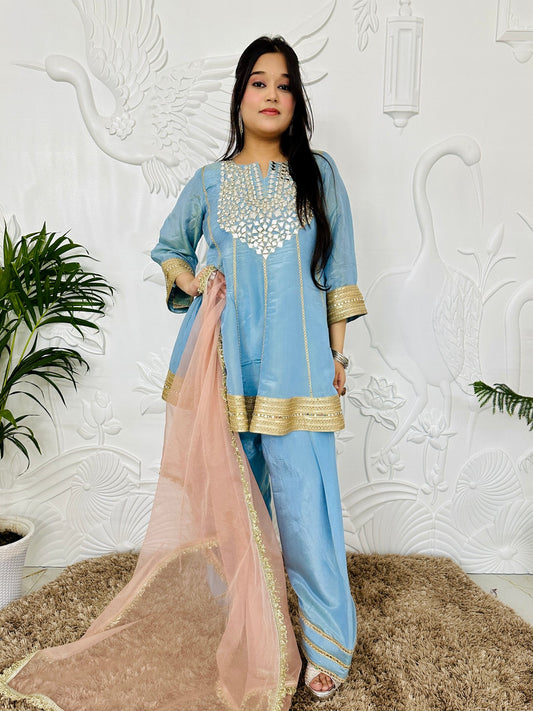 Designer Partywear Shimmer Organza Powder Blue Anarkali With Farshi Salwar