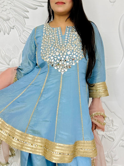 Designer Partywear Shimmer Organza Powder Blue Anarkali With Farshi Salwar