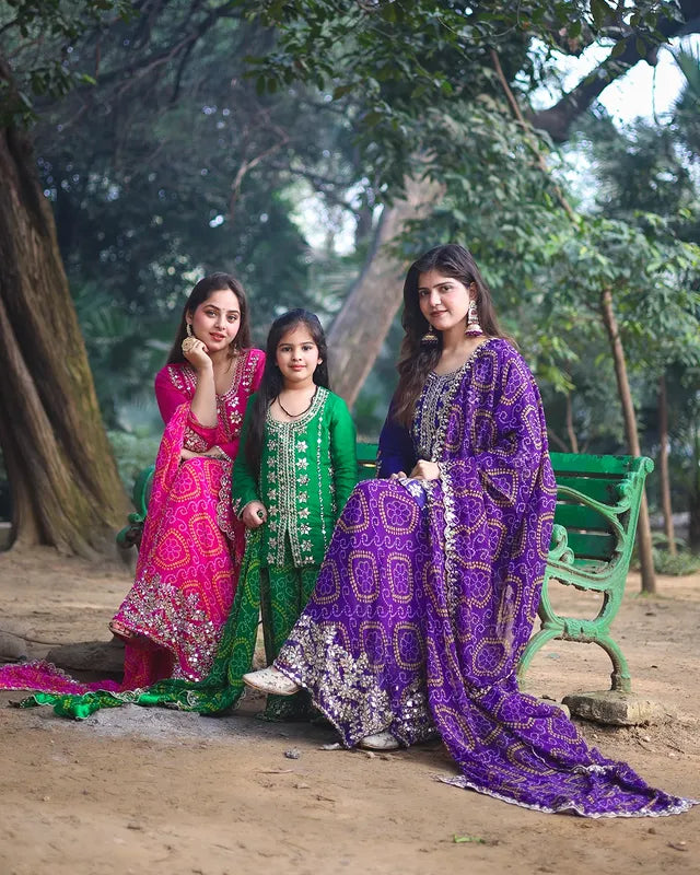 Pure Silk Mirror Work & Zari Embroidered Bandhani Sharara Suit