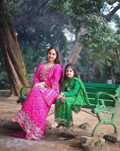 Pure Silk Mirror Work & Zari Embroidered Bandhani Sharara Suit
