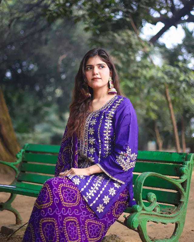 Pure Silk Mirror Work & Zari Embroidered Bandhani Sharara Suit