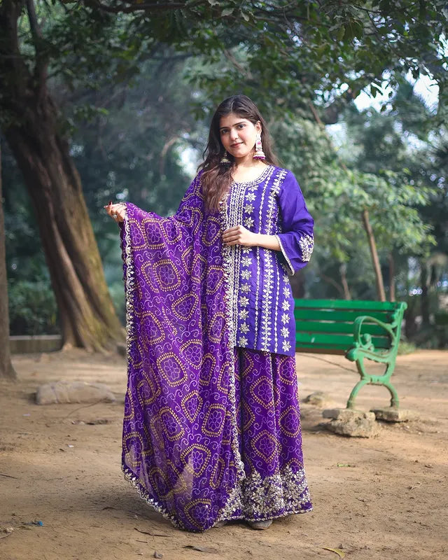 Pure Silk Mirror Work & Zari Embroidered Bandhani Sharara Suit