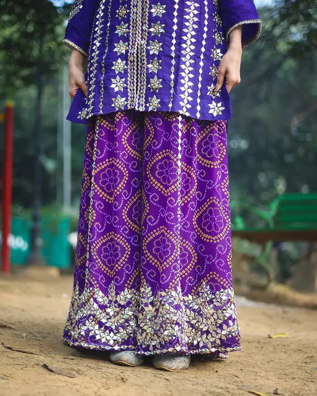 Pure Silk Mirror Work & Zari Embroidered Bandhani Sharara Suit