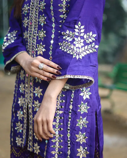 Pure Silk Mirror Work & Zari Embroidered Bandhani Sharara Suit