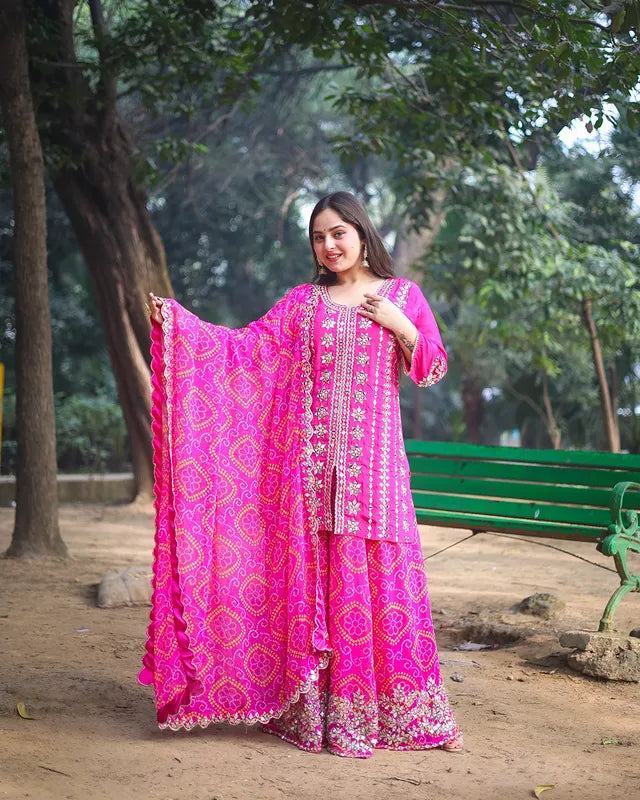 Pure Silk Mirror Work & Zari Embroidered Bandhani Sharara Suit